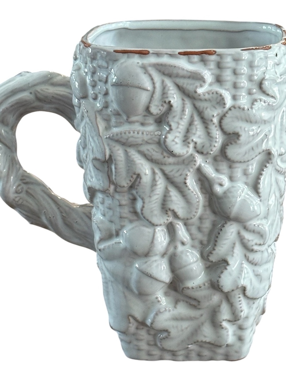 Mud Pie White Embossed Ceramic Mug with Acorn & Leaf Motif